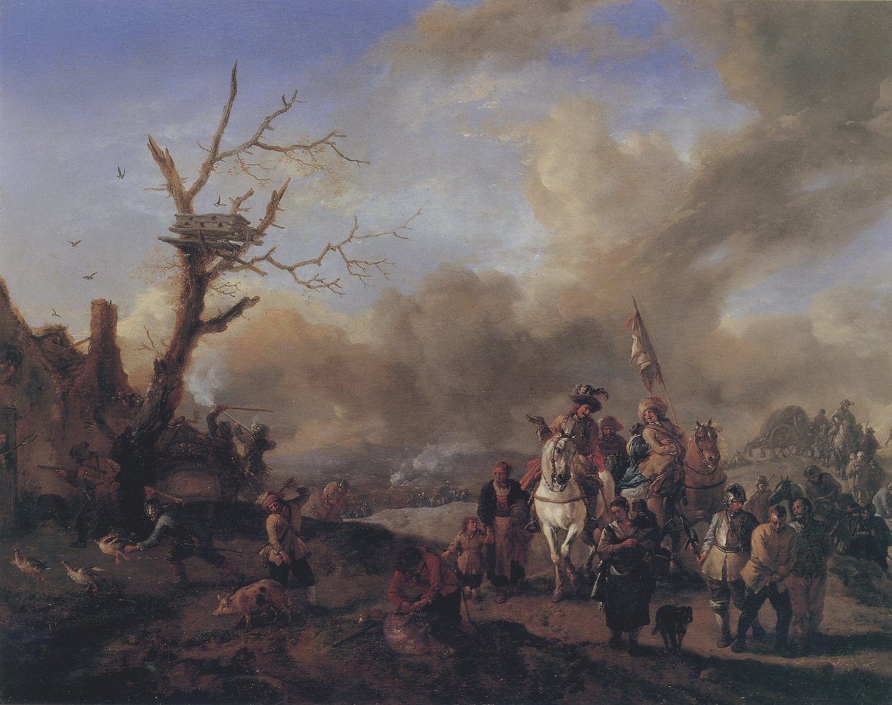 Heranziehender Soldatentross mit Marketenderinnen und Kindern, ein Bauerngehöft plündernd von Philips Wouwerman