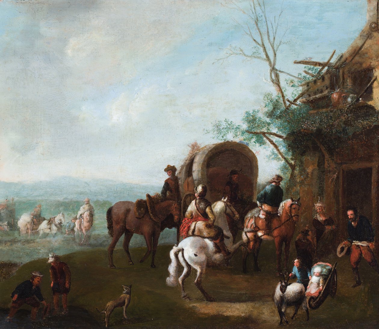 Reisende vor einem Gasthaus mit einem Mann auf einem steigenden weißen Pferd von Philips (manner of) Wouwermans or Wouvermans