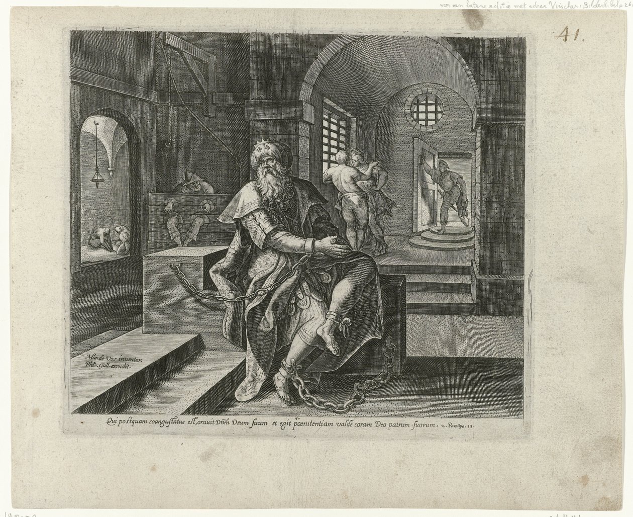 König Manasse im Gefängnis (Buße und Reue im Alten und Neuen Testament, Typus Divinae indulgentiae atqz misericordiae, erga eos quibus ex toto corde transgressionum poeni tet et ad dnm deum se convertunt) von Philips Galle (attributed to workshop of)