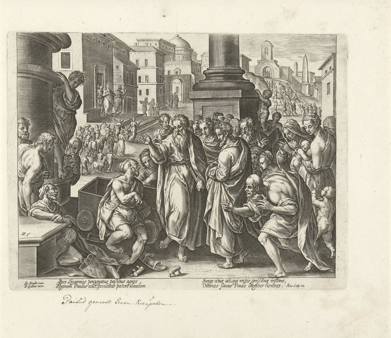 Paulus heilt einen Lahmen in Lystra (Handlungen der Apostel, Acta Apostolorum) von Philips Galle (possibly)