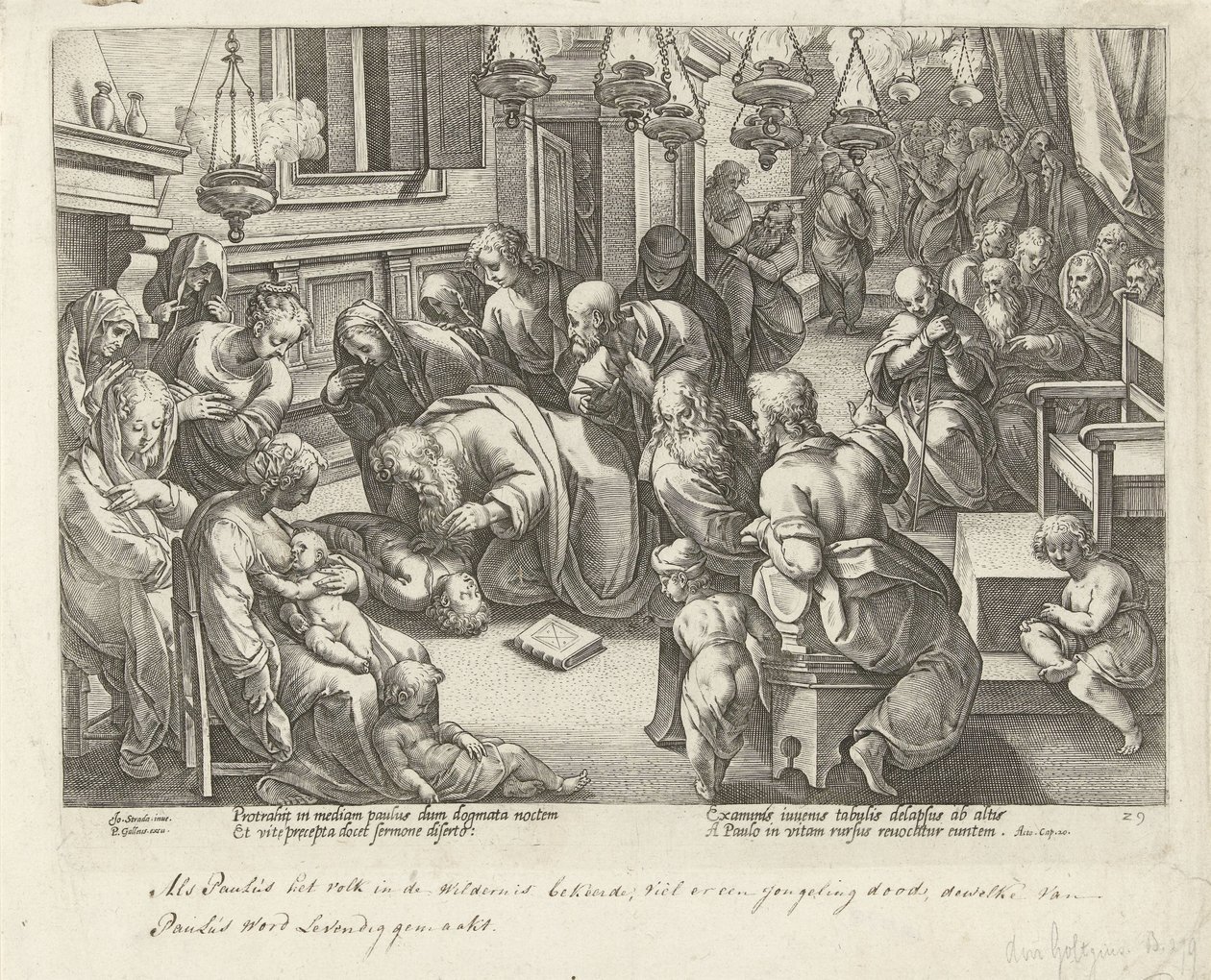 Paulus erweckt Eutychus zum Leben (Apostelgeschichte) von Philips Galle (workshop of)
