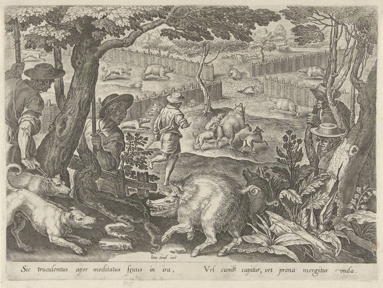 Treibjagd auf Wildschweine
Jagdszenen (Serientitel)
In quibus omne genus venationis, aucupij, piscatusque (Serientitel) von Philips Galle
