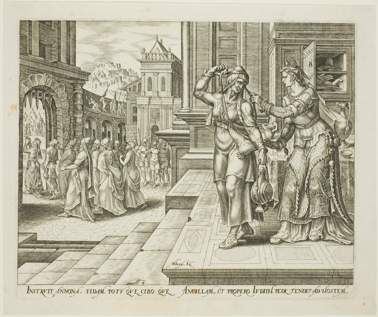 Judith bereitet sich vor, ins Lager der Feinde zu gehen, Platte vier aus Die Geschichte von Judith und Holofernes von Philips Galle