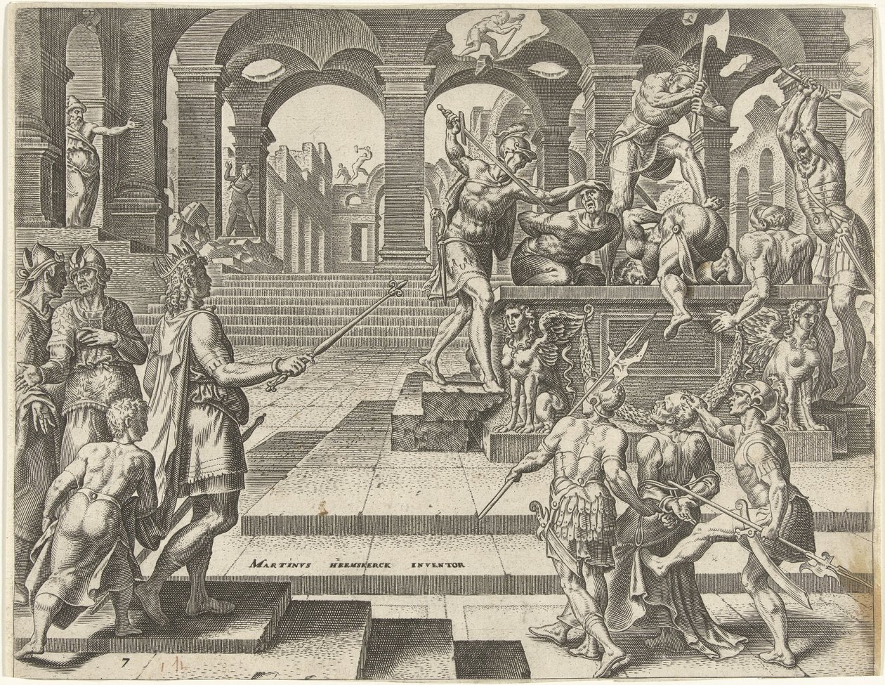 König Josia befiehlt die Ermordung der Priester der Tempel in Samaria
Geschichte von König Josia (Serientitel) von Philips Galle
