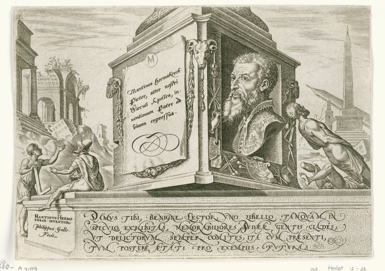Porträt von Maarten van Heemskerck auf dem Sockel einer Säule (Die Unheilstage des jüdischen Volkes) von Philips Galle