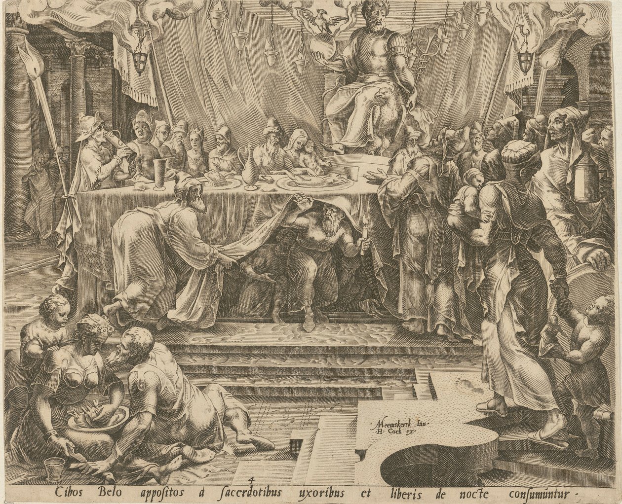Priester des Bel essen und trinken im Tempel [Blatt 4] und Daniel füttert den Drachen [Blatt 7], Blätter 4 und 7 der Folge "Die Geschichte von Daniel, Bel und dem Drachen" von Philips Galle