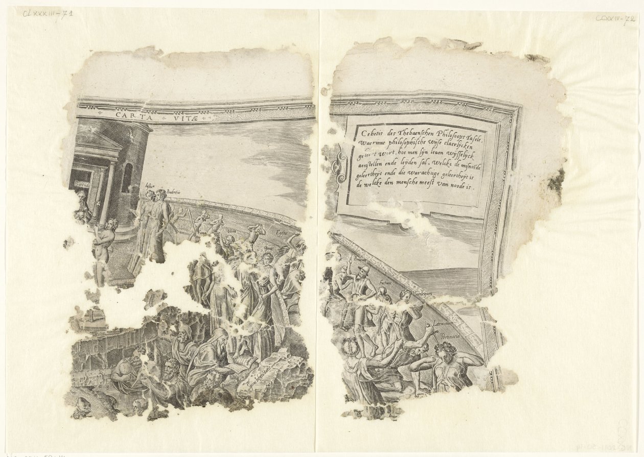 Rechteroberer Ecke einer Druckgrafik der Szene von Cebes (Tabula Cebetis Carta Vitae) von Philips Galle