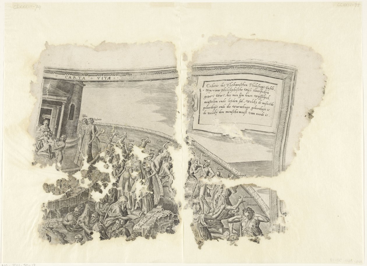 Rechteroberer Ecke einer Druckgrafik der Szene von Cebes (Tabula Cebetis Carta Vitae) von Philips Galle