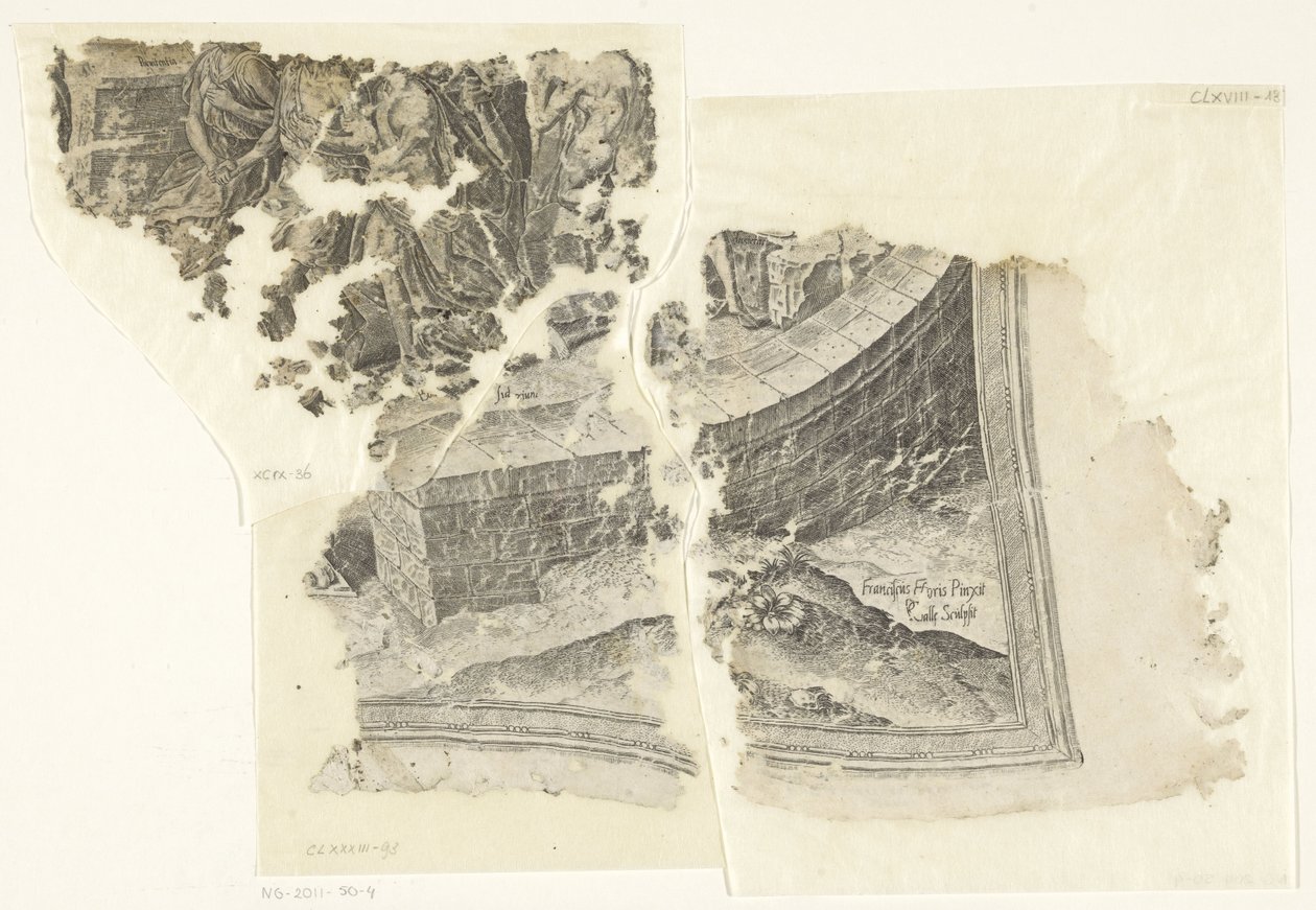 Rechteruntere Ecke einer Druckgrafik der Szene von Cebes (Tabula Cebetis Carta Vitae) von Philips Galle