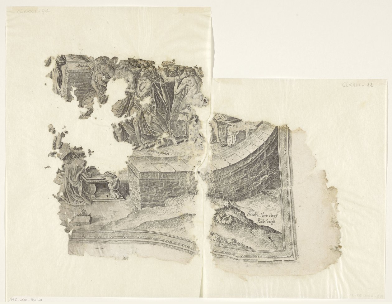 Rechteruntere Ecke einer Druckgrafik der Szene von Cebes (Tabula Cebetis Carta Vitae) von Philips Galle