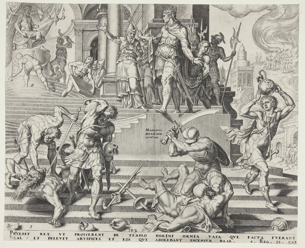 Die Zerstörung des Tempels von Baal und die Schlachtung seiner Priester von Philips Galle