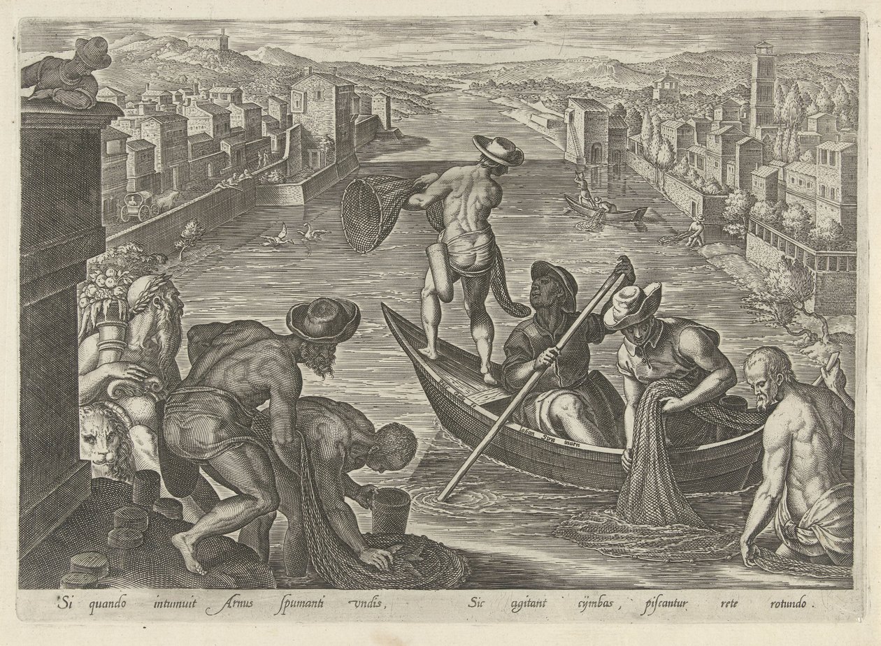 Fischfang mit Netz
Jagdszenen (Serientitel)
In quibus omne genus venationis, aucupij, piscatusque (Serientitel) von Philips Galle