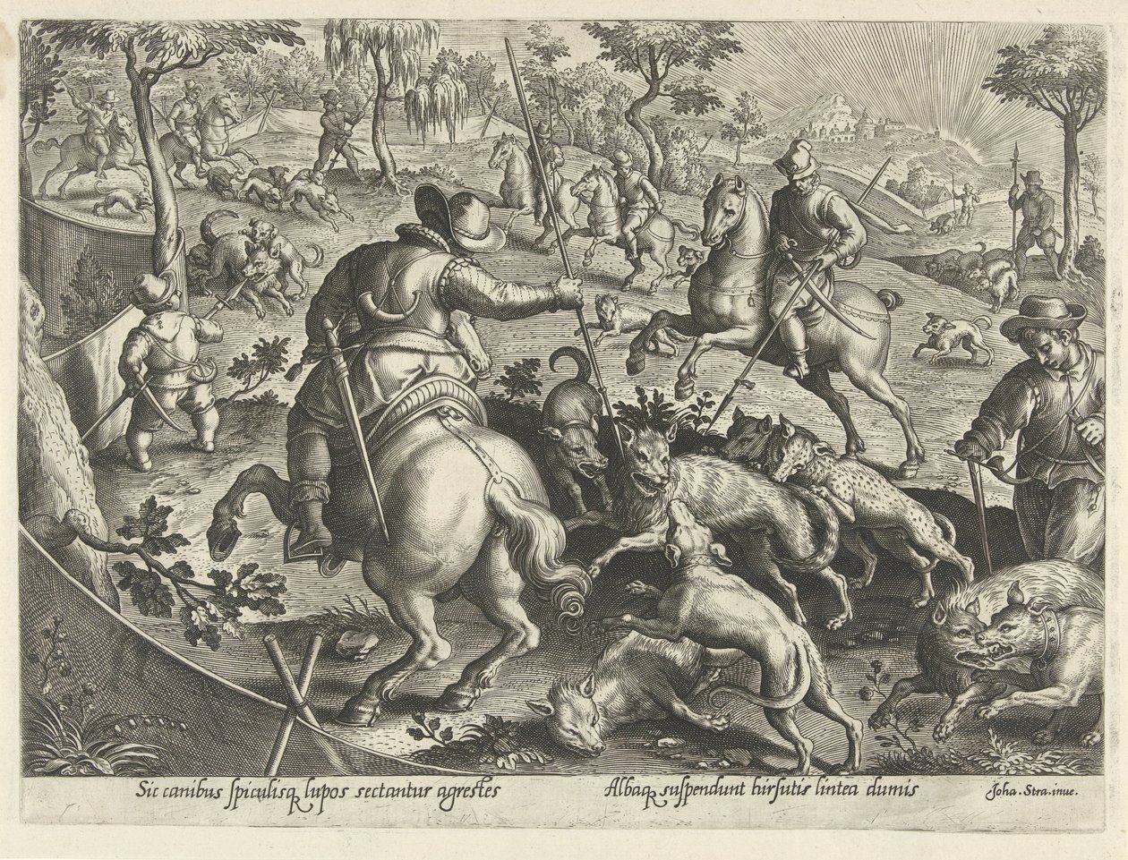 Wolfsjagd mit Speeren
Jagdszenen (Serientitel)
In quibus omne genus venationis, aucupij, piscatusque (Serientitel) von Philips Galle