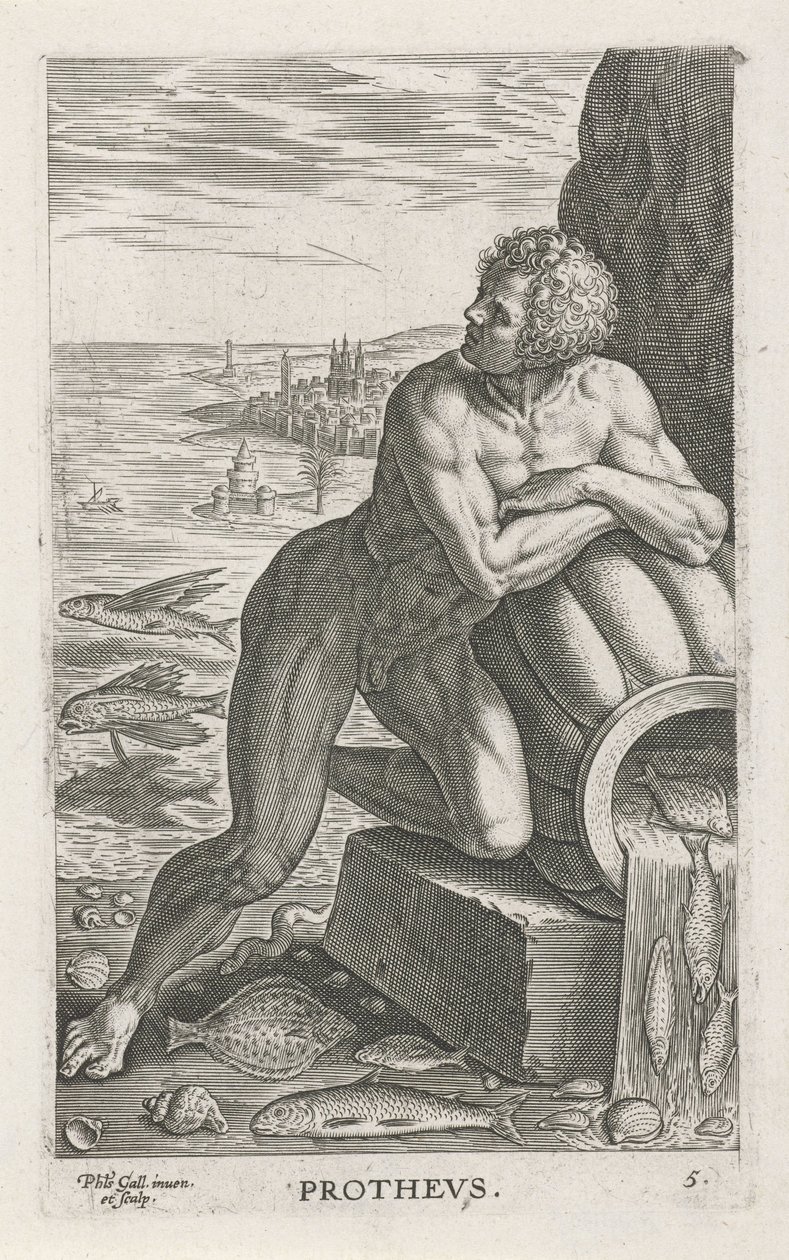 Meeresgott Proteus (Prothevs) (Fluss- und Meeresgötter) (Semideorum Marinorum amnicorumque sigillariae imagines perelegantes) von Philips Galle