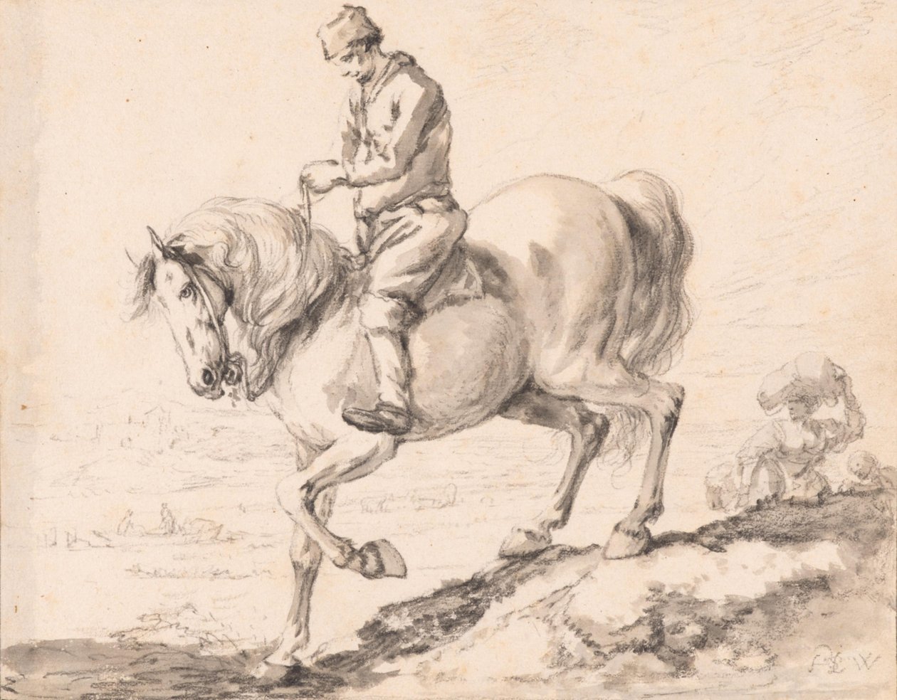 Ein Reiter überquert mit seinem Pferd einen Bach von Philips Wouwerman