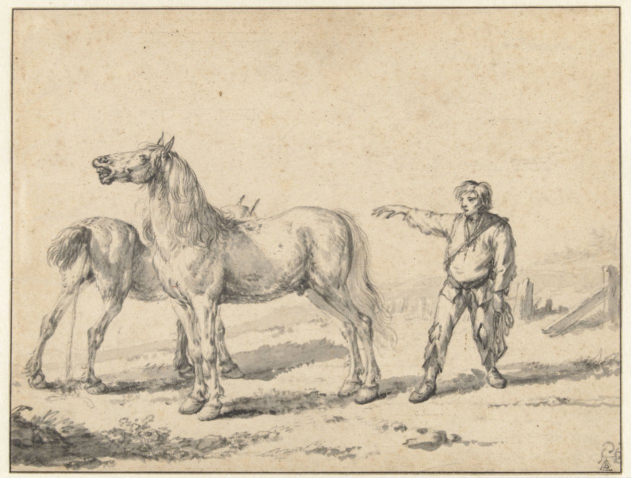 Zwei Pferde, eines uriniert und das andere wiehert, und ein stehender Mann mit erhobenem rechten Arm von Philips Wouwerman