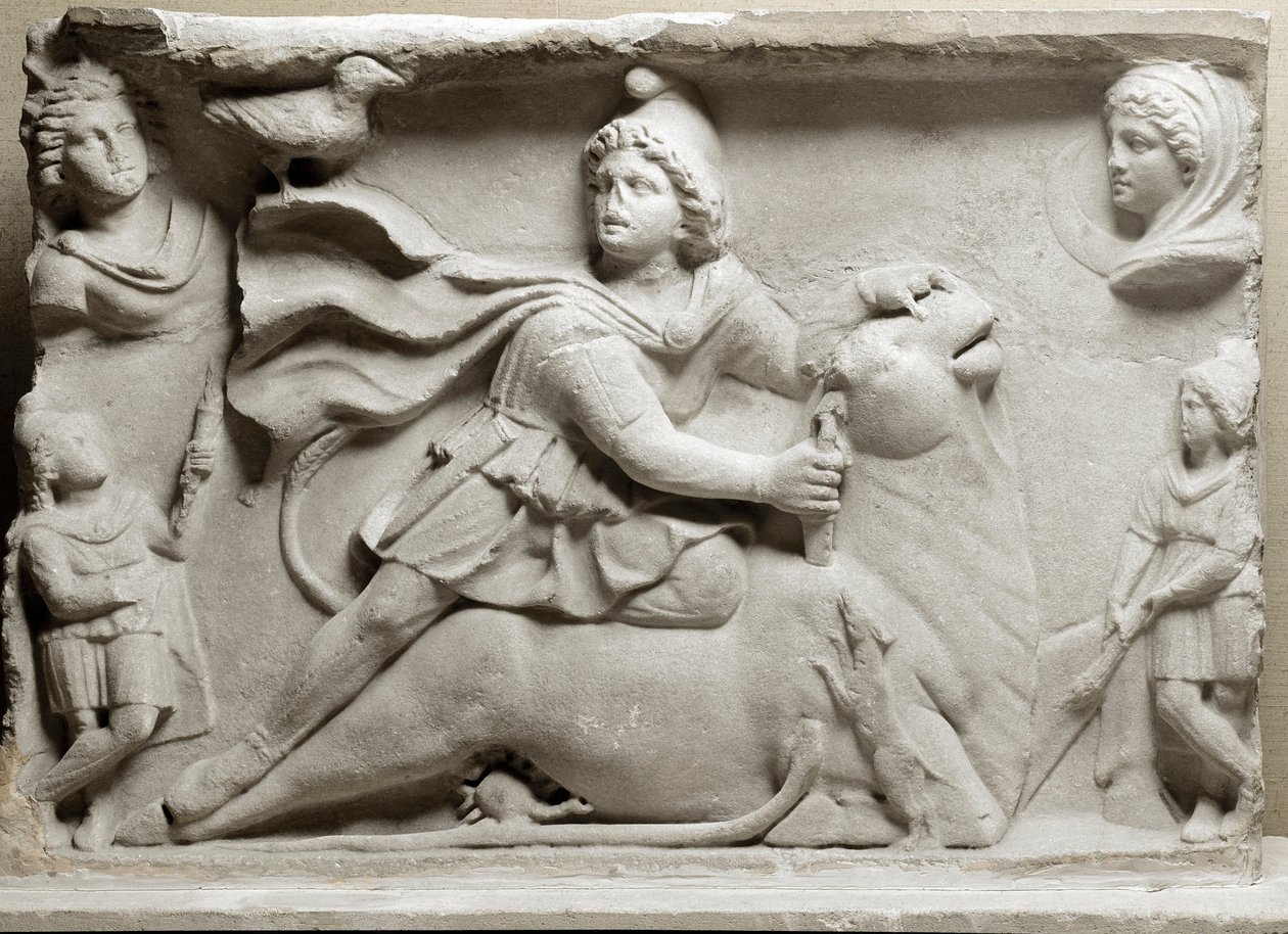 Zivilisation der Phönizier: Opferszene, die die Gottheit Mithra darstellt, die den Stier opfert. 2. oder 3. Jahrhundert n. Chr. Marmorrelief. Paris, Louvre Museum von Phoenician Phoenician
