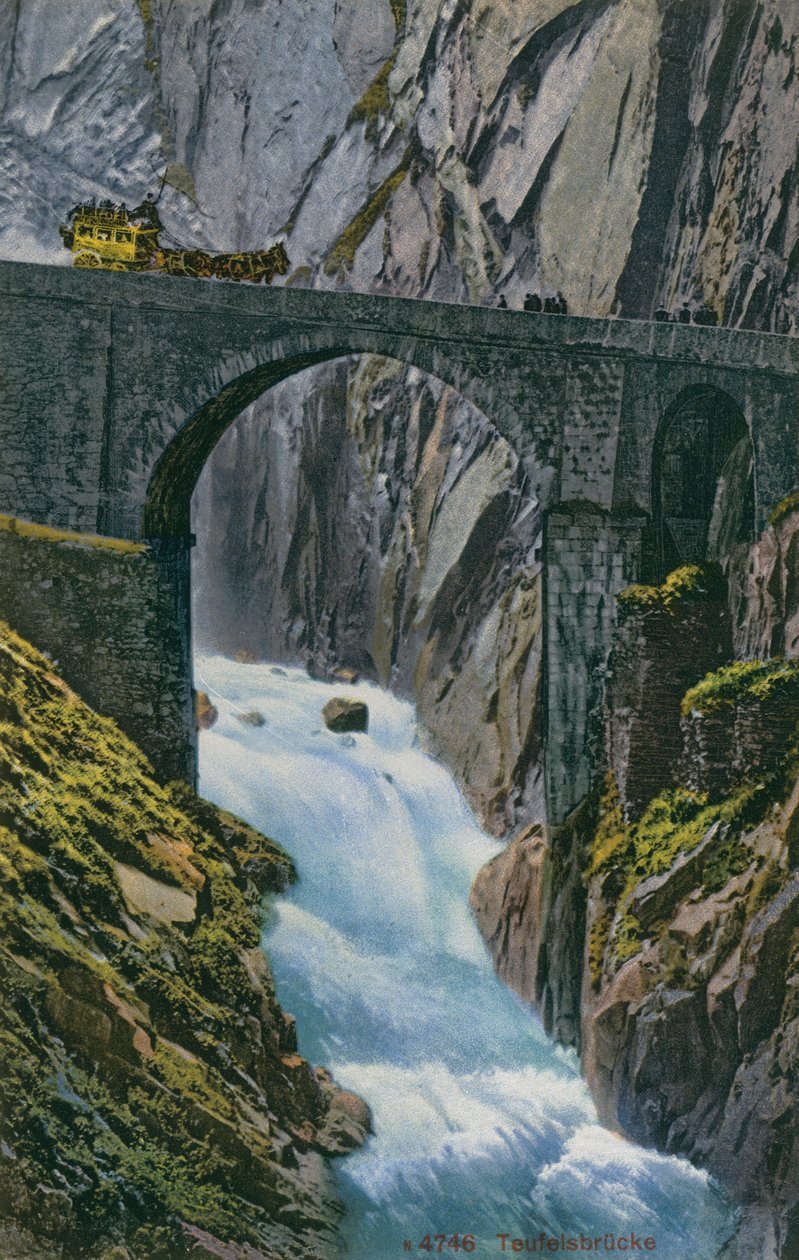 Kutsche überquert die Teufelsbrücke über die Schöllenenschlucht in der Schweiz. Postkarte von 1913. von Photographer Swiss
