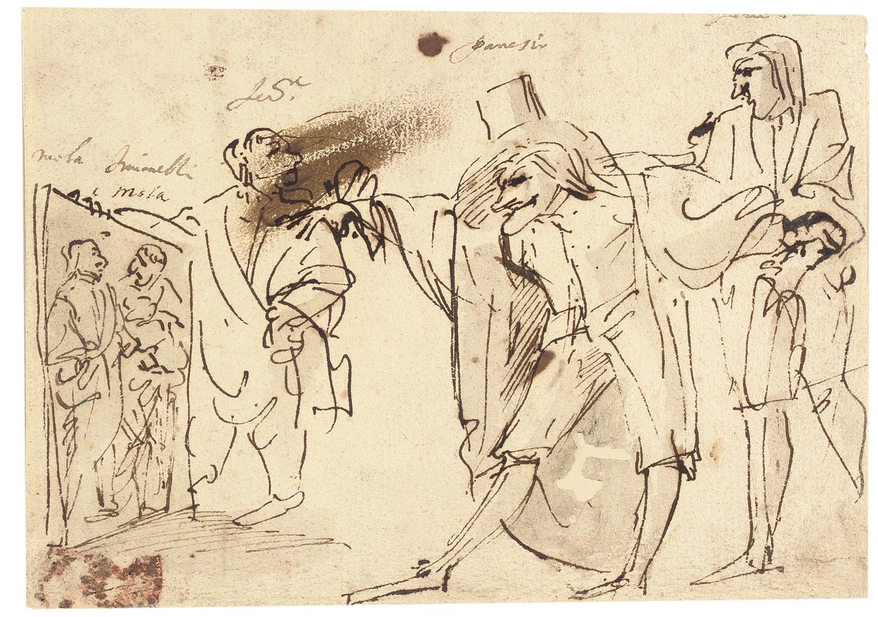 Karikatur des Künstlers, der ein Bild von sich und Simonelli dem Sammler Panesio und einem anderen Zuschauer präsentiert von Pier Francesco Mola