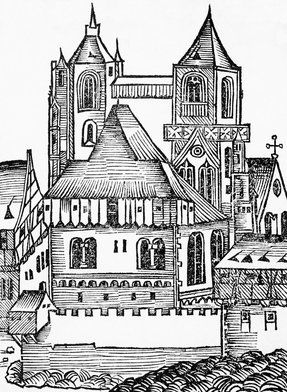Abtei Montecassino, deutscher Holzschnitt, aus der Nürnberger Chronik (Liber Chronicarum) von Hartmann Schedel von Blaise Nicolas Le Sueur
