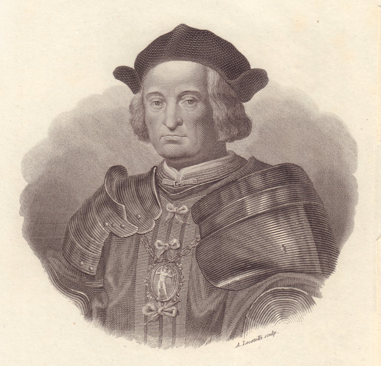 Porträt des italienischen Militärführers und Politikers Gian Giacomo Trivulzio (1440-1518), Kupferstich von Locatelli von Blaise Nicolas Le Sueur