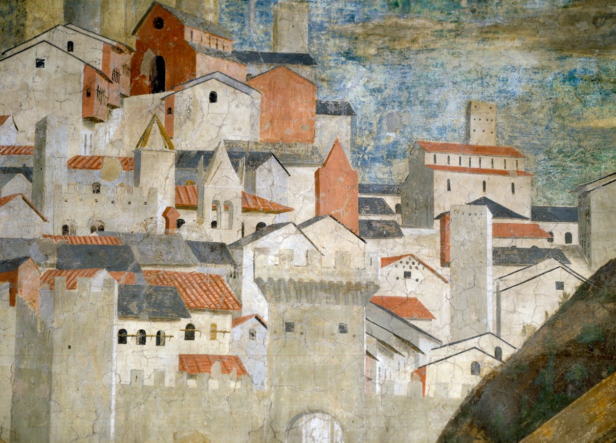 Die Königin von Saba verehrt die Brücke aus dem Holz des Wahren Kreuzes (Detail) von Piero della Francesca