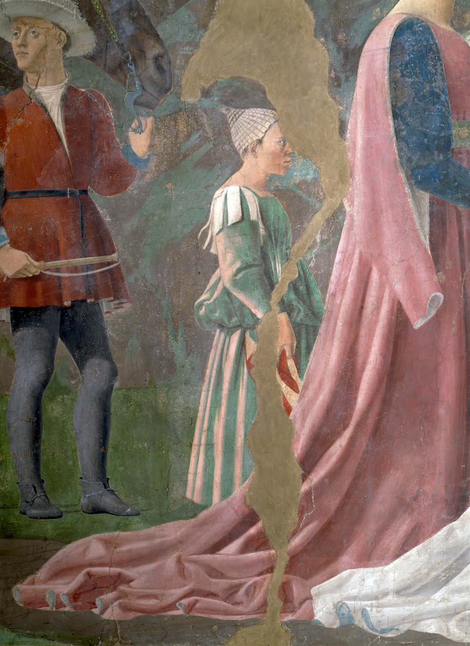 Die Legende vom Wahren Kreuz, die Königin von Saba verehrt das Holz des Kreuzes (Detail) von Piero della Francesca