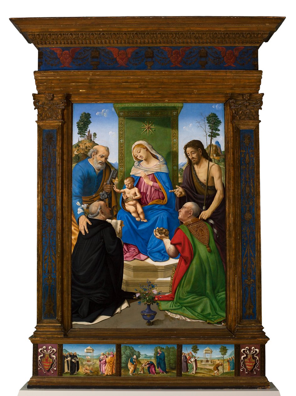 Madonna und Kind auf dem Thron mit den Heiligen Petrus, Johannes dem Täufer, Dominikus und Nikolaus von Bari von Piero di Cosimo