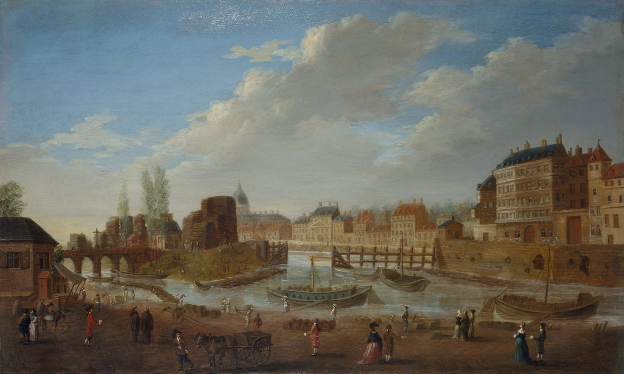 Die Île Louviers und die Spitze der Île Saint-Louis, gesehen vom Hafen Saint-Paul (Hafen der Celestins), um 1780 von Pierre Antoine Demachy