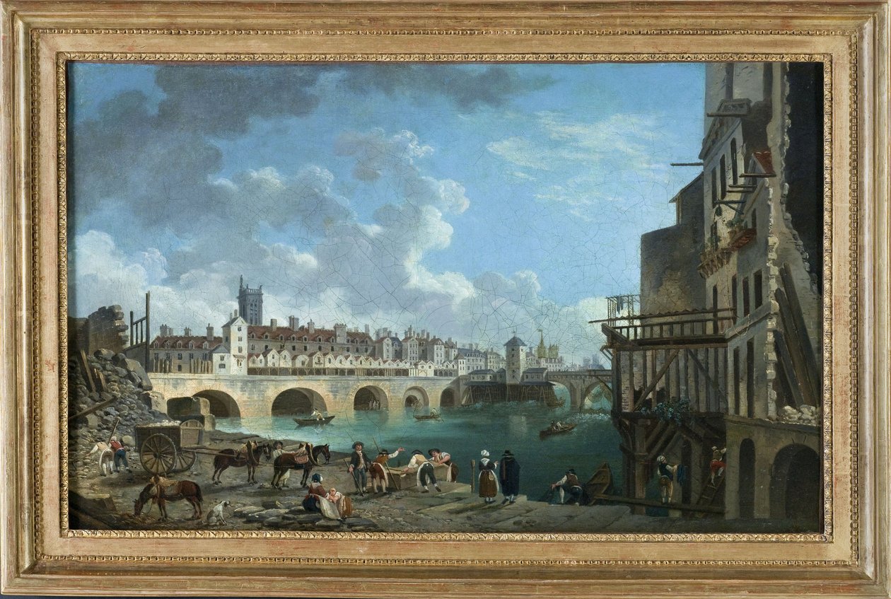Vue du quai de Gesvres zum Zeitpunkt des Abrisses der Häuser der Pont au Change, um 1788 von Pierre Antoine Demachy