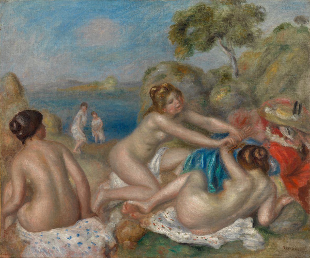 Badende spielen mit einer Krabbe von Pierre-Auguste Renoir