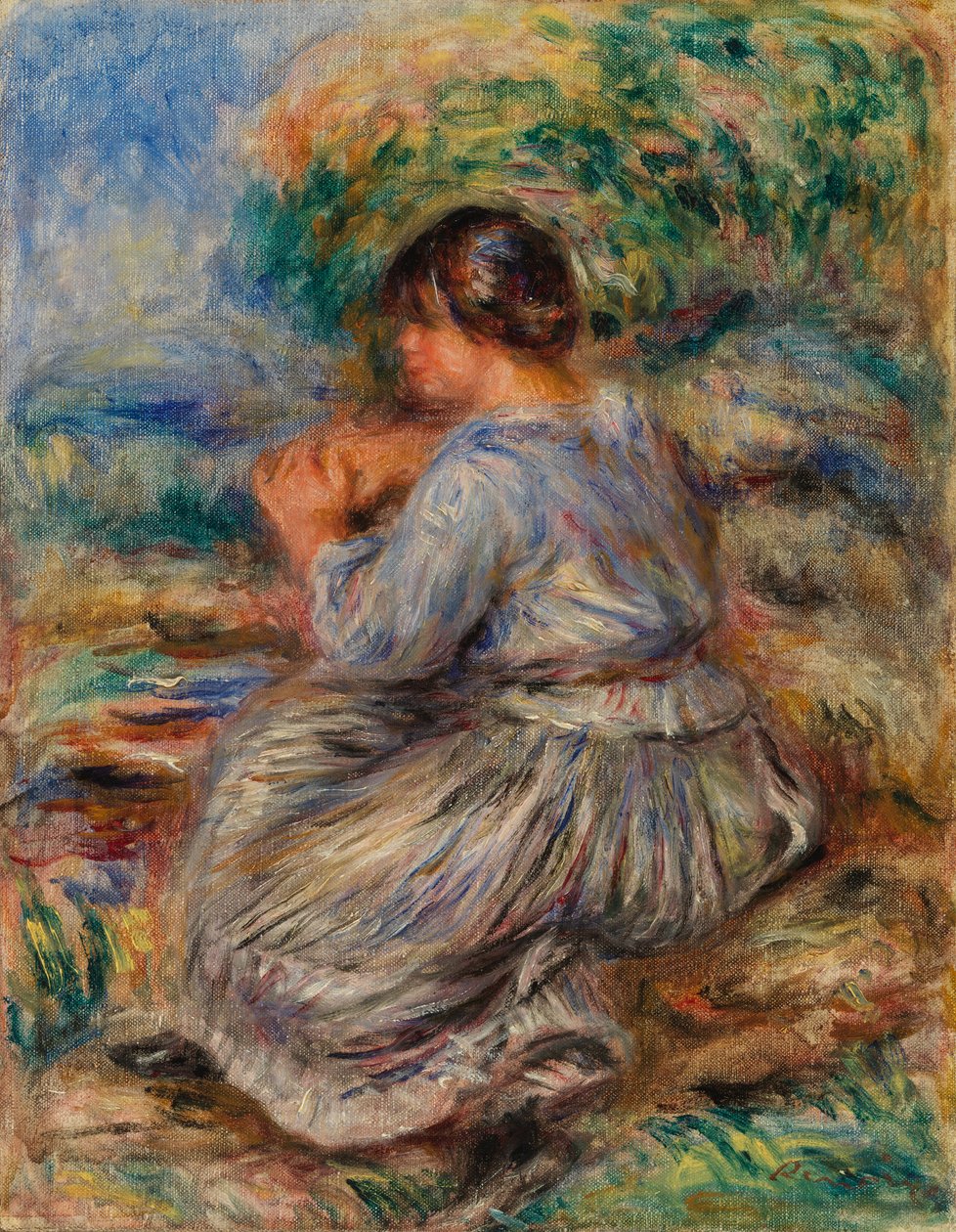 Mädchen, das in einer Landschaft sitzt von Pierre-Auguste Renoir