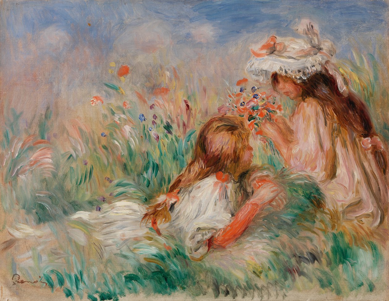 Mädchen im Gras beim Arrangieren eines Blumenstraußes von Pierre-Auguste Renoir