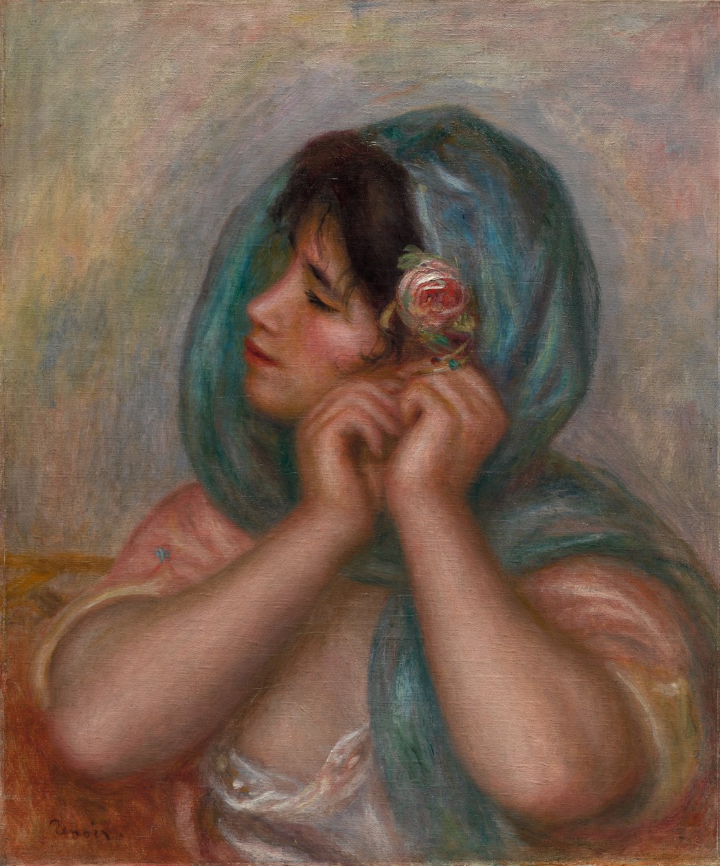 Junge Frau, die ihren Ohrring arrangiert von Pierre-Auguste Renoir