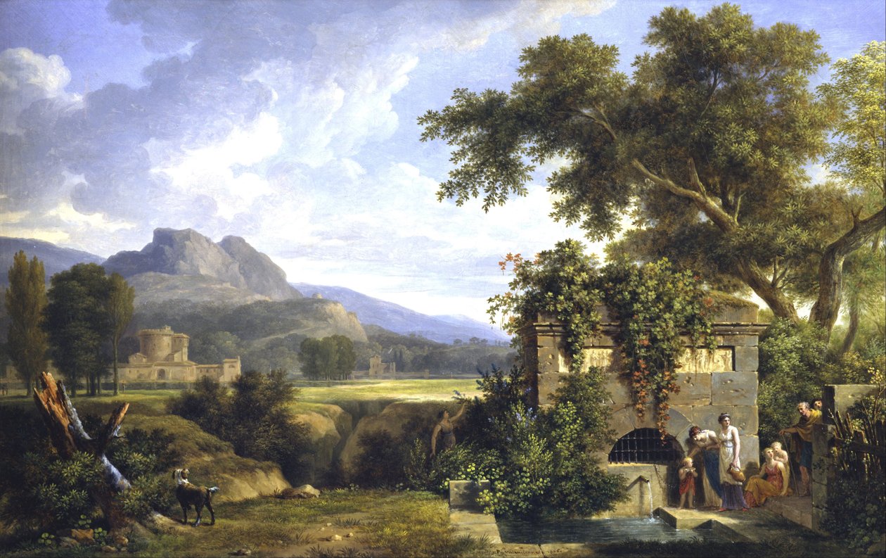 Klassische Landschaft mit Figuren, die an einem Brunnen trinken von Pierre-Henri de Valenciennes