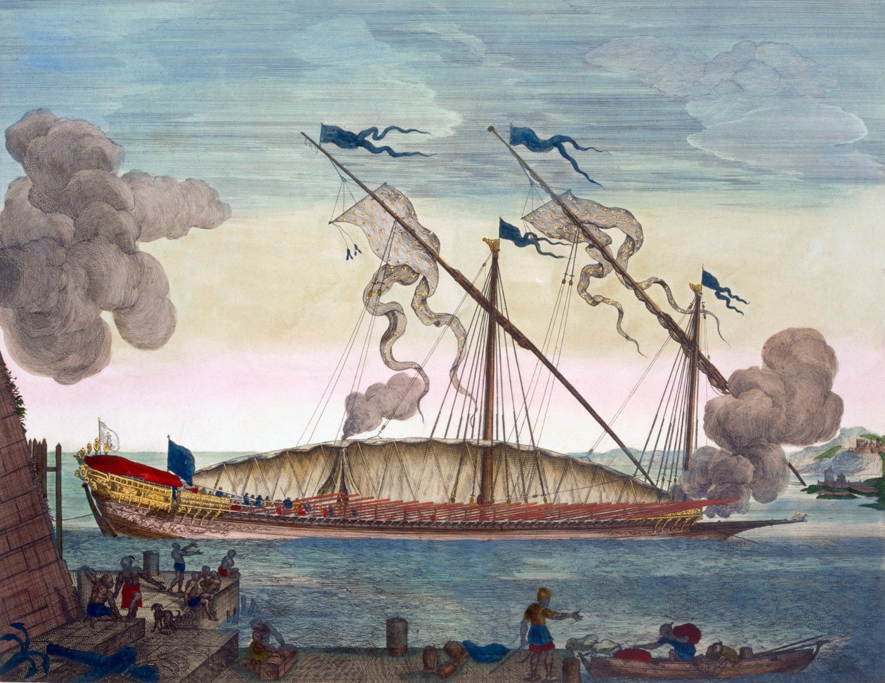 Eine königliche Galeere (spanisch oder portugiesisch), von Sklaven gerudert, gibt ein Signal, aus 