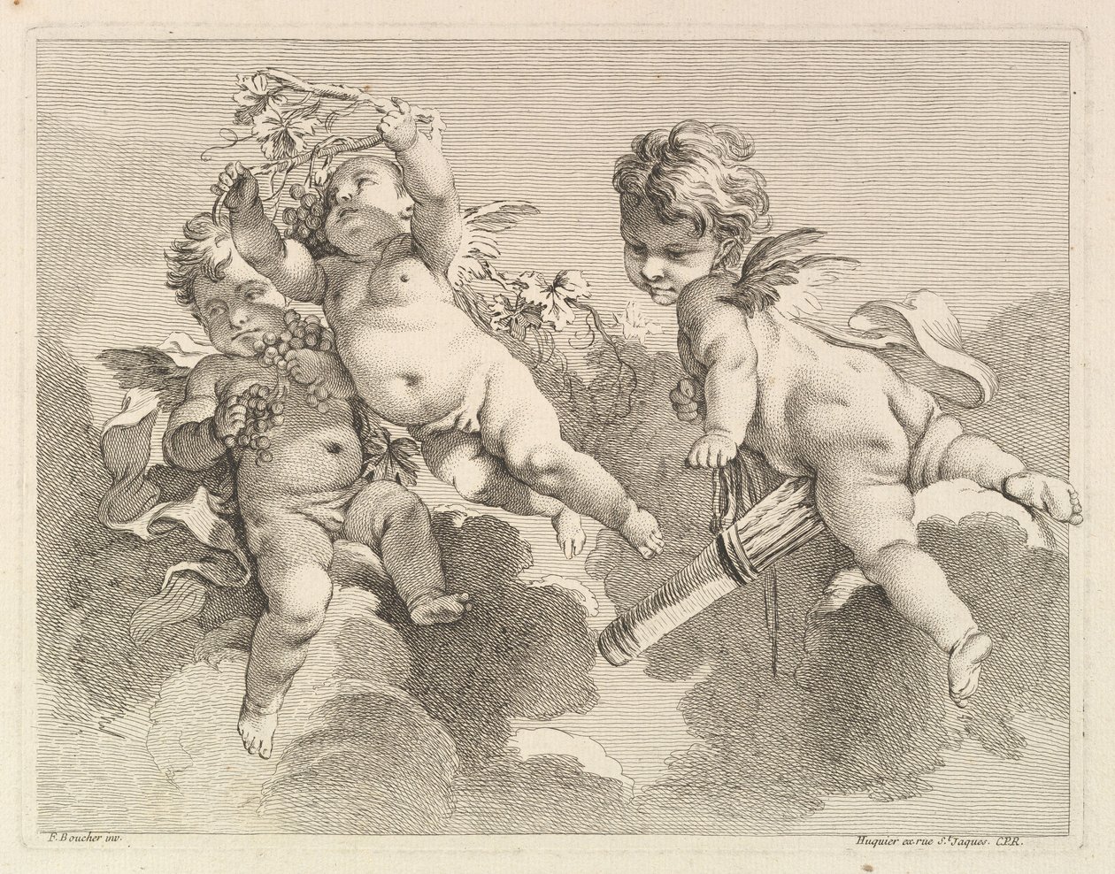 Drei Lieben, eine hält einen Köcher, die andere Trauben (1727-60) von Pierre Alexandre Aveline