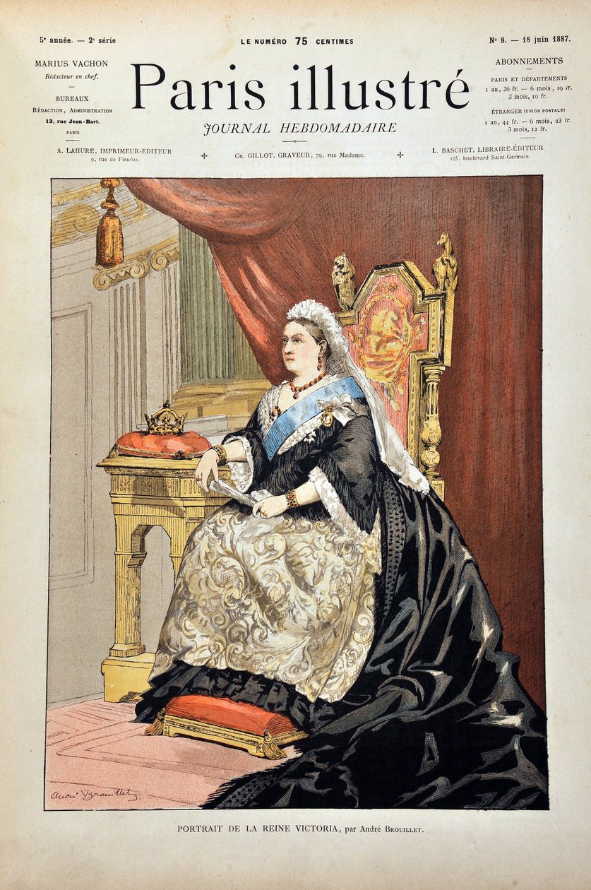 Porträt von Victoria I., Königin von England (1819-1901) von Andre Brouillet, Gravur von 1887 in „Paris-Illustrous journal weekly“. von Pierre Andre Brouillet