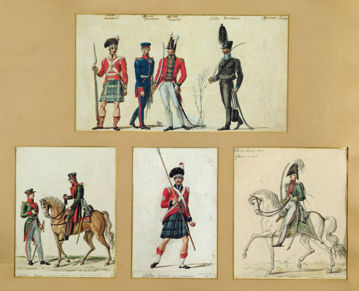 Die Uniformen schottischer Soldaten und preußischer, englischer, hannoveranischer und russischer Offiziere im Jahr 1814 von Pierre Antoine Lesueur