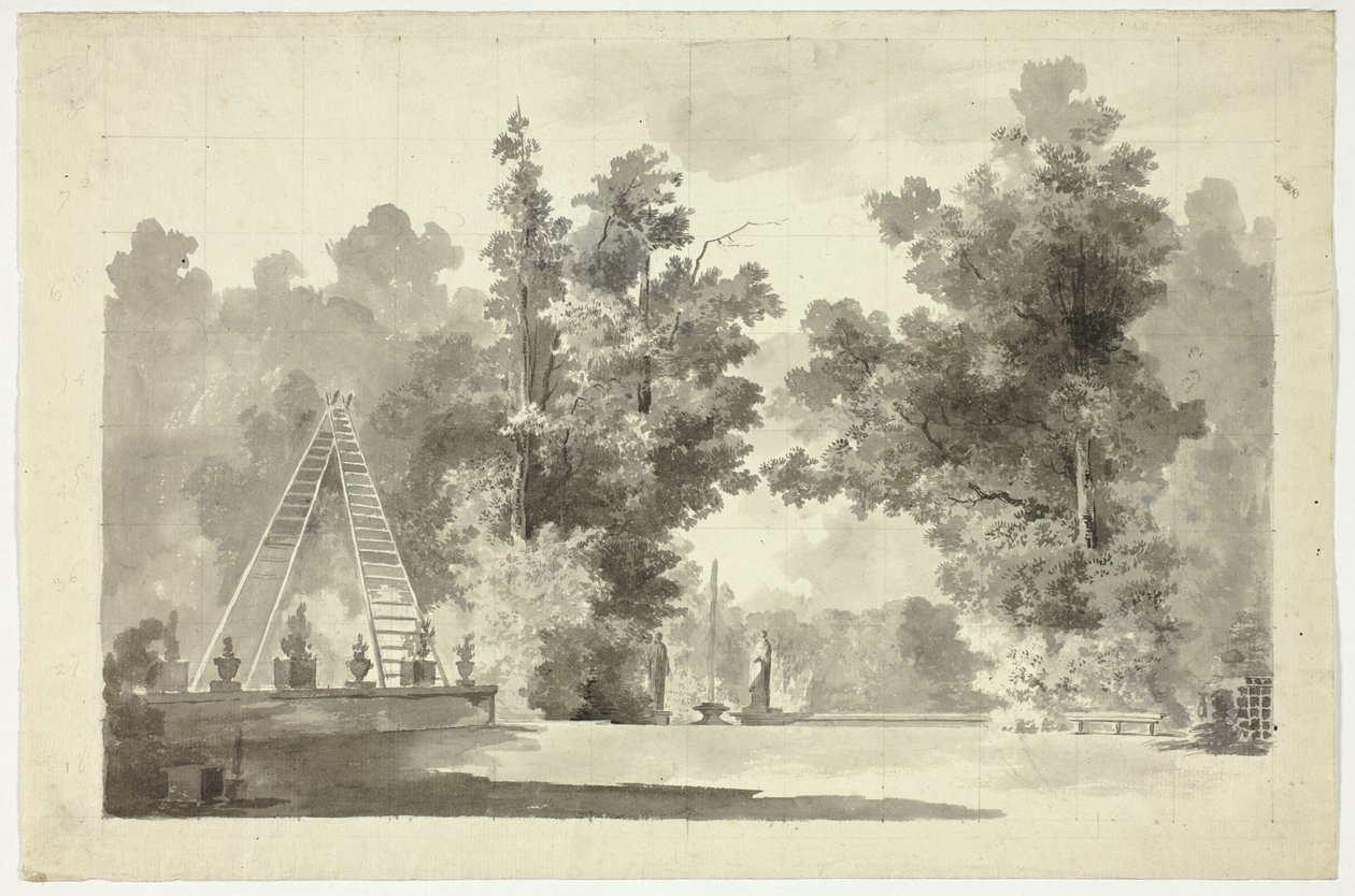 Ansicht des Parks von Versailles: Bogen der Leitern mit Pflanzen; Statuen von Pierre Antoine Mongin