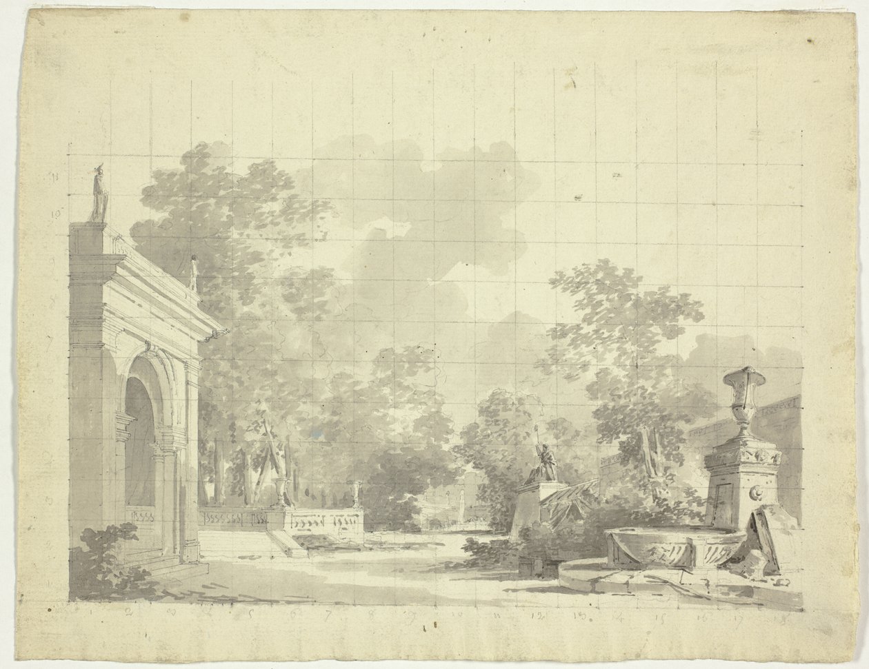 Ansicht des Parks von Versailles: Gewölbter Eingang zu einer Terrasse, Urnen und zerstörte Statuen von Pierre Antoine Mongin