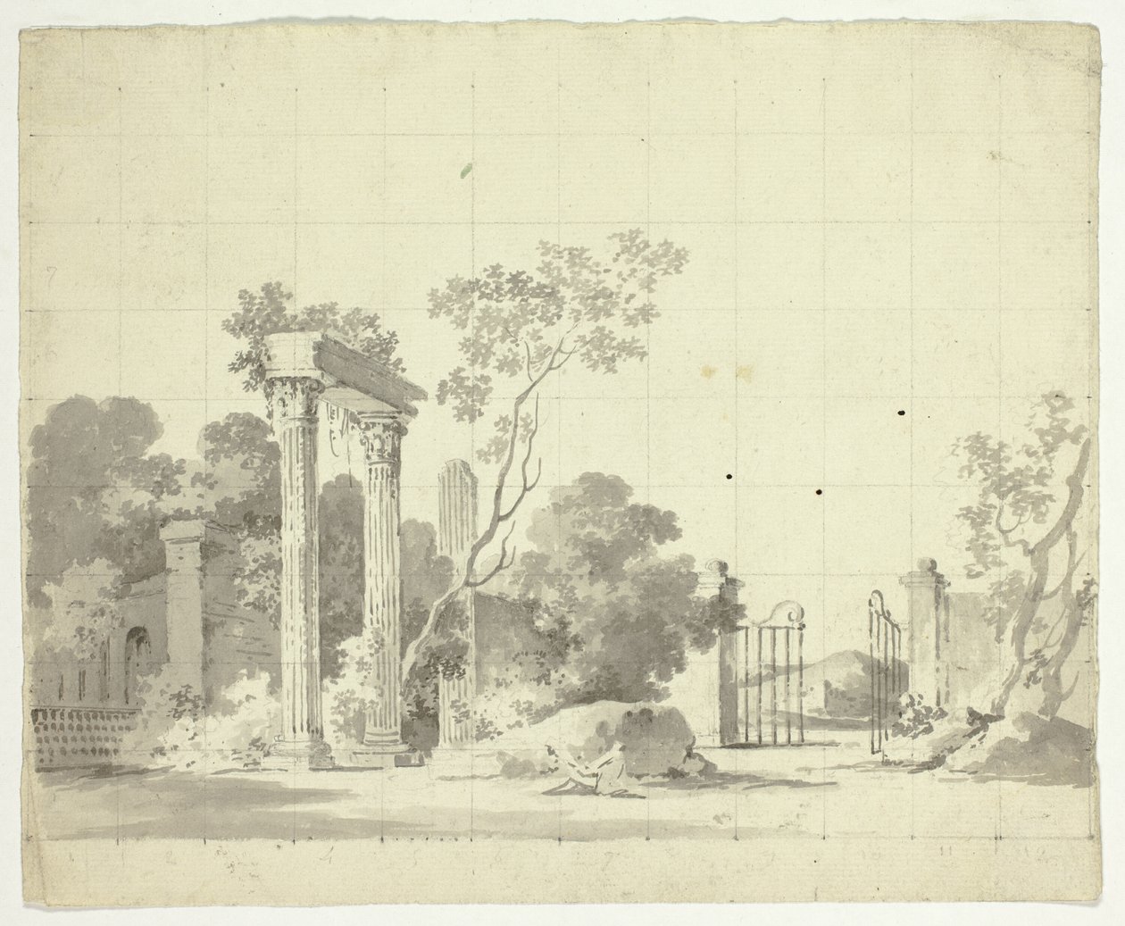 Ansicht des Parks von Versailles: Ruinierte Säulen und ein offenes Eisentor von Pierre Antoine Mongin