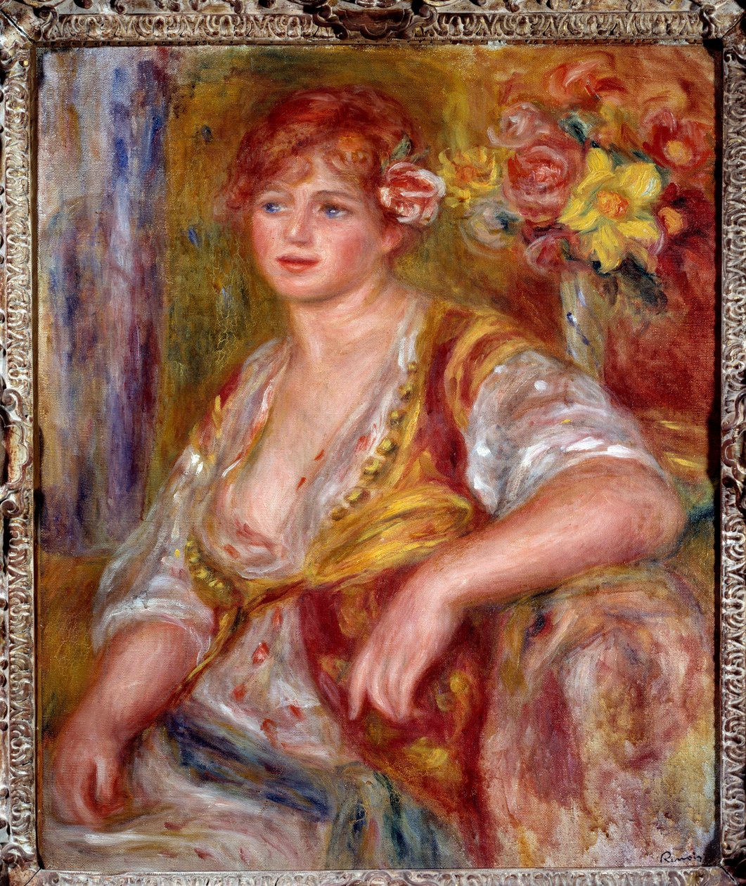 Blonde mit der Rose. Porträt von Andrée Madeleine Heuschling (1900-1979) genannt „Dedee“, eine Schauspielerin bekannt als Catherine Hessling (sie heiratete Jean Renoir im Jahr 1920). Gemälde von Pierre Auguste Renoir (1841-1919), circa 1915 von Pierre Auguste Renoir