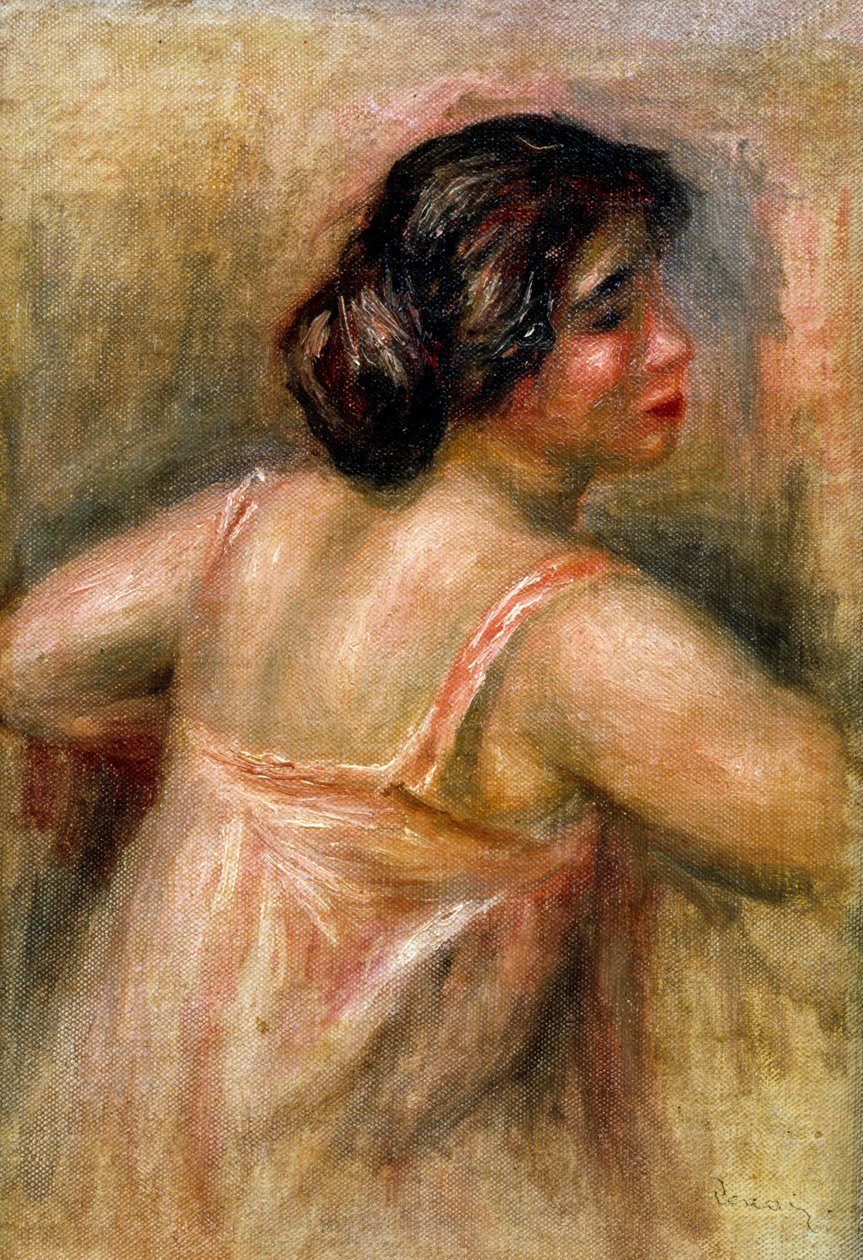 Frau im Dreiviertelprofil. Sie trägt eine rosa Kombination und hat einen Dutt. Gemälde von Pierre Auguste Renoir (1841-1919). Öl auf Leinwand. Private Sammlung von Pierre Auguste Renoir