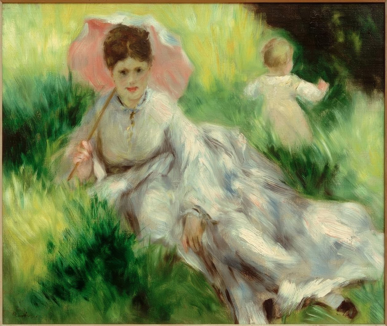 Frau mit Sonnenschirm und Kind auf sonnigem Hang von Pierre Auguste Renoir