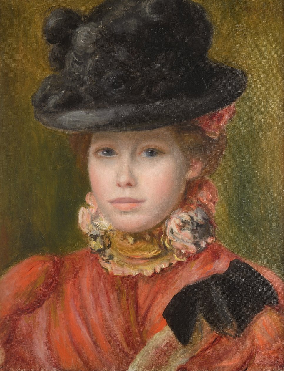 Mädchen mit schwarzem Hut und roten Blumen, ca. 1890 von Pierre Auguste Renoir