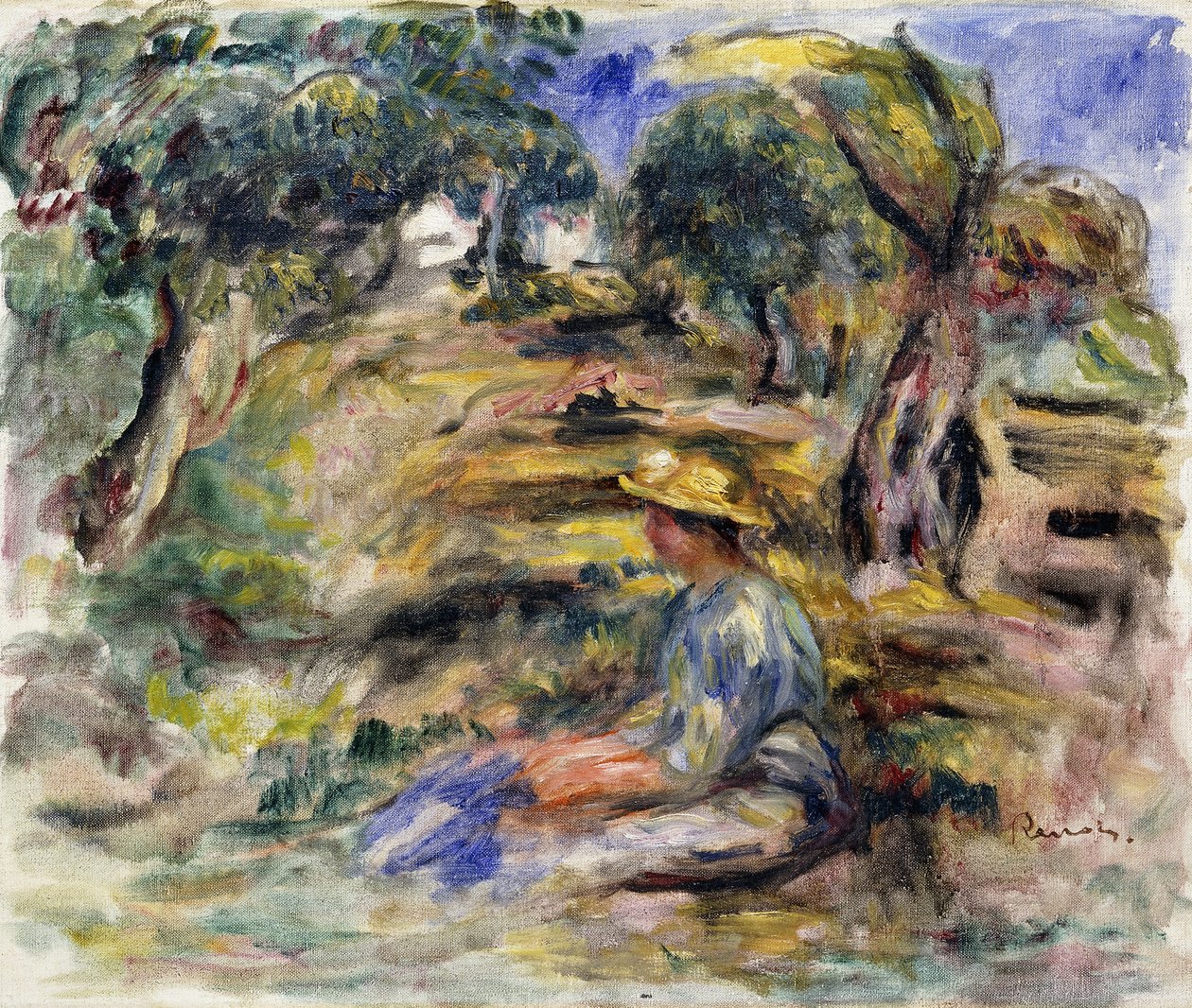 Frau in Blau, sitzend von Pierre Auguste Renoir