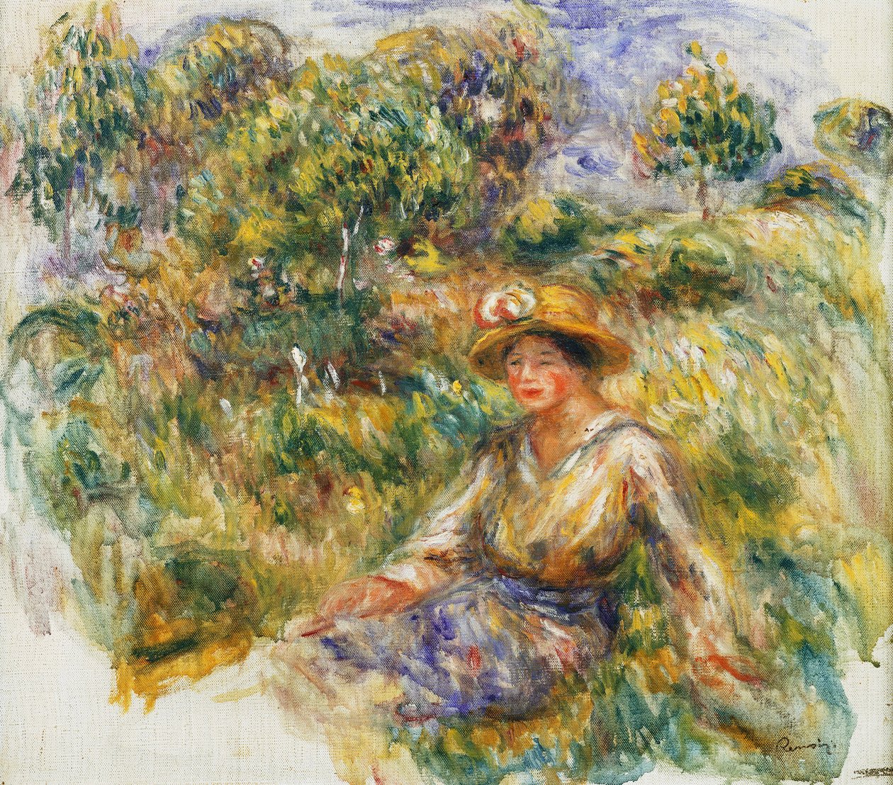 Frau in Blau mit Hut, sitzend auf dem Gras, ca. 1916 von Pierre Auguste Renoir