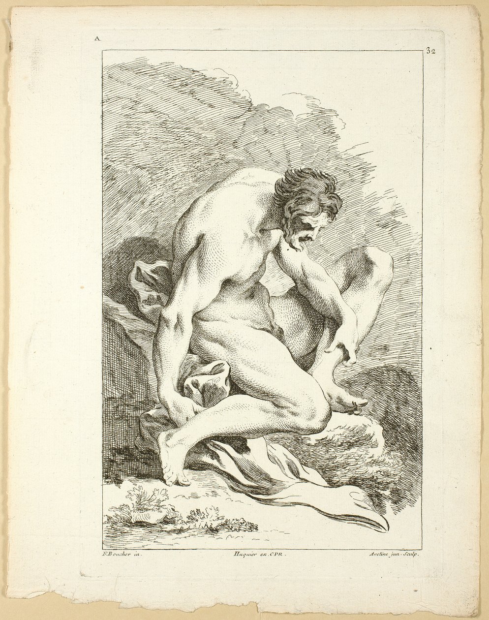 Figur, aus Premier livre de figures d’Academies gravées en Partie par les Professeurs de l’Académie Royale von Pierre Aveline