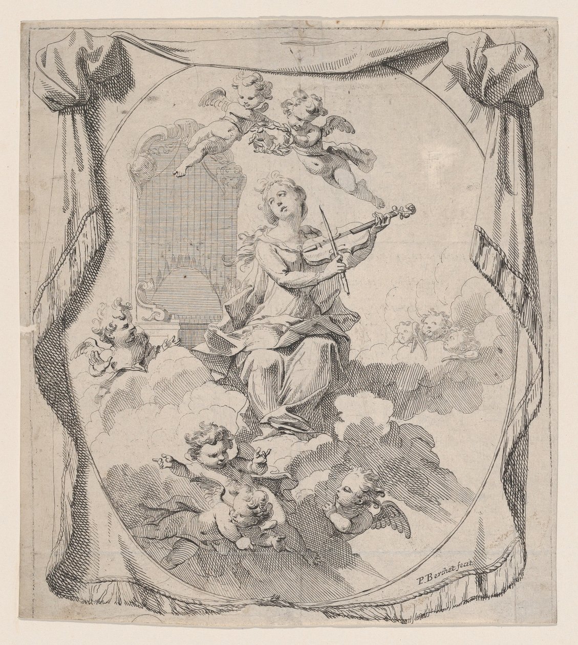 Die heilige Cäcilia auf Wolken von Engeln getragen, 1696 von Pierre Berchet